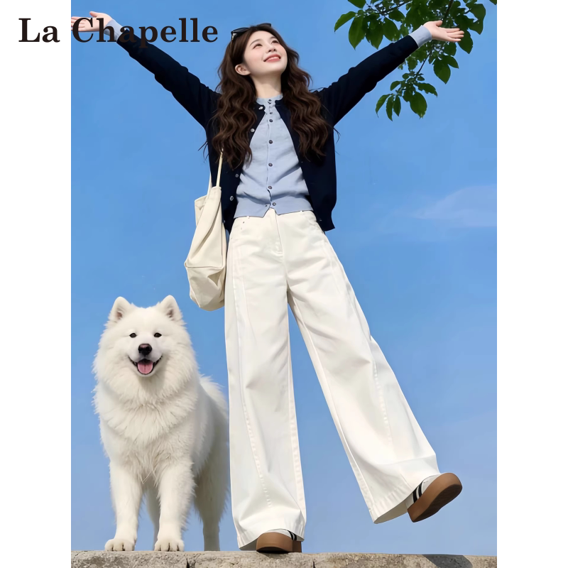 La Chapelle белые широкие джинсы с высокой талией для женщин — весна-лето 2026, новые свободные утягивающие прямые брюки с широкими штанинами
