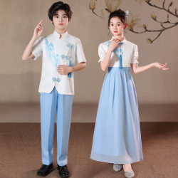 Children's primary school students and toddlers Chinese style blue girls chorus patriotic speech recitation competition dress performance