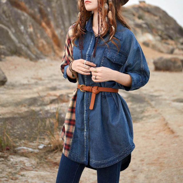 Denim shirt for women thin retro plaid splicing 2025 new spring five-quarter sleeve top layered loose shirt