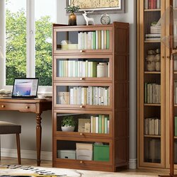 Bookshelf Storage Rack Floor-Standing Bookcase with Doors Multi-Layer Dust-Proof Bamboo Storage Shelf Living Room Simple Display Storage Rack