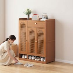 Bamboo Shoe Cabinet for Home Entrance, 3 Doors, 8 Layers, with Drawers, Large Capacity, Multifunctional Shoe Rack, Storage Shelf