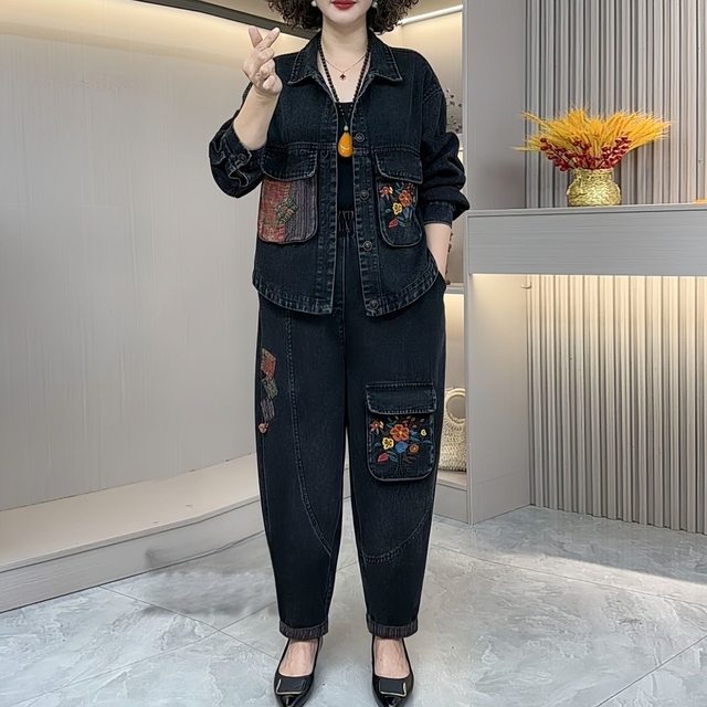 2025 Autumn New Arrival Literary Retro Splicing Embroidered Patches Fashion Versatile Western Style Two-piece Loose Denim Suit