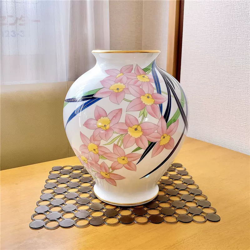 香蘭社金彩白瓷粉色蘭花瓶瓷器 裝飾工藝陶瓷擺飾花器X45-Taobao