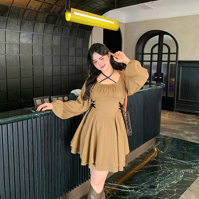 Higong -child big size women's fat MM ballet design sense is pure desire to lace lace -up dress covering the belly and thin skirt

