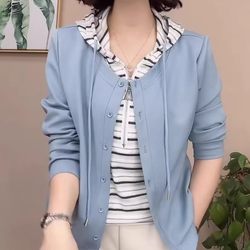 Fashionable Mother's Clothing Fake Two-Piece Hooded Striped Sweatshirt for Women 2025 Spring and Autumn New Casual Solid Color Cardigan Top
