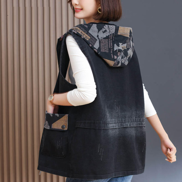 Cowboy vest female spring and autumn, foreign qi middle -aged mother casual hooded loose, large size, thinner horses clip jacket
