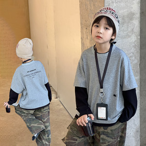 
Yiyima boys color-blocked cotton fake two-piece long-sleeved T-shirt children's autumn clothing baby loose casual bottoming top
