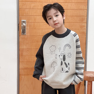 
Yiyi Ma boys' thickened sweater children's winter clothing baby cartoon color block striped sleeve pullover knitted bottoming shirt trendy
