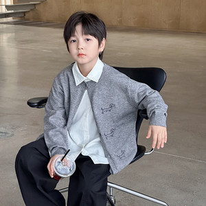 
Yiyi Mom Boy Puppy Embroidered Knit Cardigan Jacket Children's Autumn Clothes Baby Loose Round Neck Casual Sweater