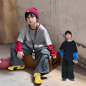 
Yiyi Mom Boy Striped Fake Two-Piece Long Sleeve T-shirt Children's Autumn Top Baby Loose Round Collar Pullback Base