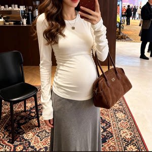 
Round neck t-shirt spring and autumn new fashion white top maternity wear petite pregnancy top outer layer bottoming shirt