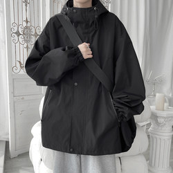 Black Functional Style Hooded Jacket for Men, Spring and Autumn 2026, Outdoor Sports Trendy Brand, Cool and Stylish, Large Size Casual Workwear Jacket