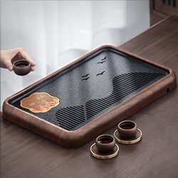 Tea Tray for Home Use 2025 New Model Imitation Black Gold Stone Office Small Tea Table Tea Set Water-Draining Dry Brewing Tray Tea Tray