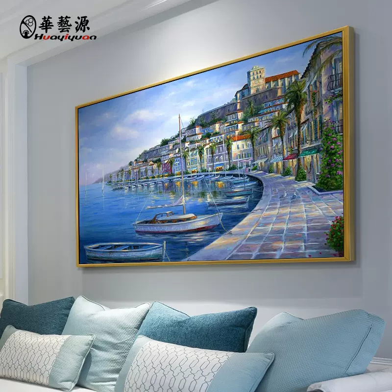 欧式手绘油画欧洲小镇挂画玄关餐厅壁画横版风景客厅装饰画定制-Taobao