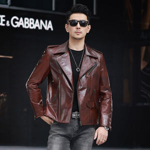 
Handsome and trendy men's genuine leather motorcycle leather suit collar slim burgundy first-layer calfskin jacket spring and autumn short coat