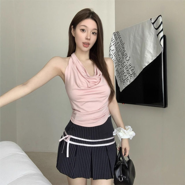 American retro hot girl sexy pleated neck vest women's summer new slim fit short versatile top
