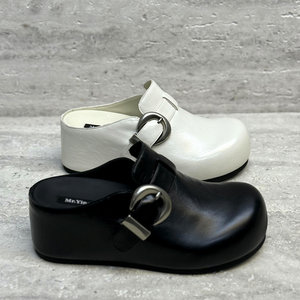 
European Women's Shoes 2026 Spring New Genuine Leather Round Toe Increased Belt Buckle Cowhide Toe Thick Soled Slippers Trendy