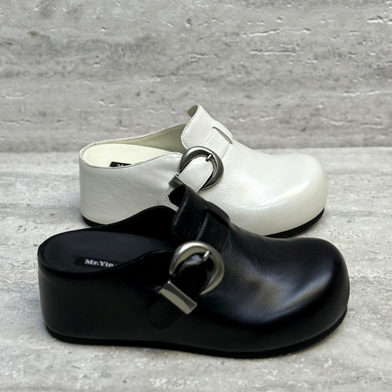 
European Women's Shoes 2026 Spring New Genuine Leather Round Toe Increased Belt Buckle Cowhide Toe Thick Soled Slippers Trendy