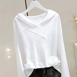 Korean Style New Year Outfit Loose Hooded Base Shirt for Women Pure Cotton Long Sleeve T-Shirt Women's Solid Color Casual Top