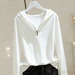 Thirteen Lines New Hooded Solid Color Regular Shoulder Long Sleeve T-Shirt Casual Zipper Loose Korean Style Top Versatile Slimming Women's Clothing
