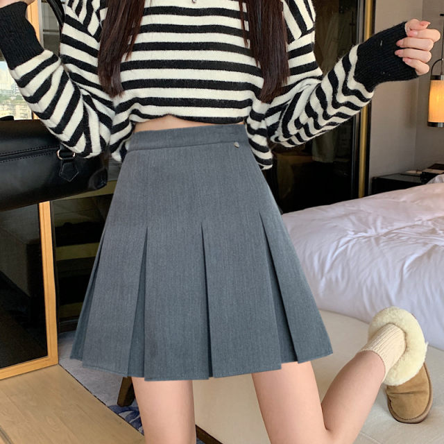 Gray pleated skirt for women in spring and summer versatile slim high waist hip A-line short skirt sweet jk skirt slightly fat large size