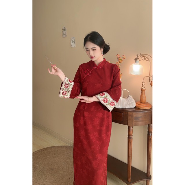 Cinnabar New Chinese Style Red Engagement Large Size Fat mm Cheongsam Embroidered Dress Toast Wear Jacquard