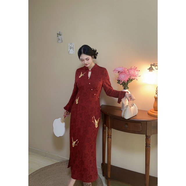Red Butterfly New Chinese Red Embroidery Butterfly Jacquard New Chinese Cheongsam Dress Large Size Fat mm