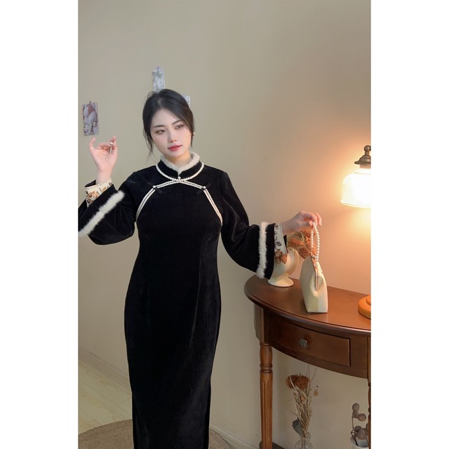 Jinghua Dream Fake two pieces of thin and noble winter thickened new cheongsam big size fat MM dress female
