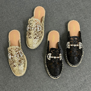 
Foreign trade 2025 new casual fashion breathable woven flat toe-cap slippers for women summer outer wear rhinestone half slippers