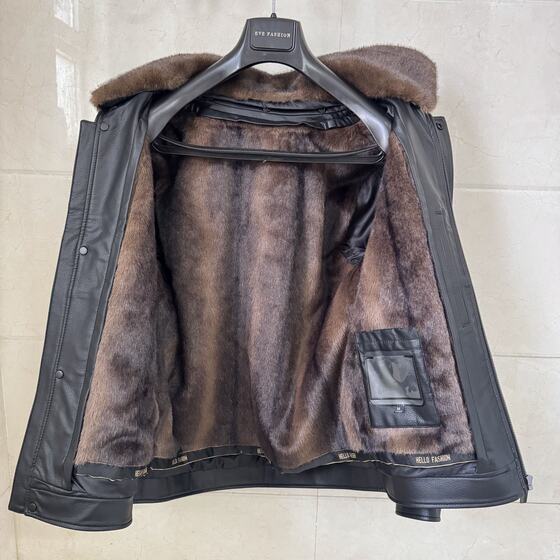 
Weishang men's business high-end special offer gold mink fur collar liner leather jacket pinik with tag price 20,999 yuan