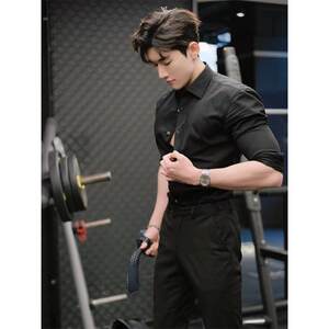 Black slim men's shirt high-end handsome men's clothing ascetic Naples suit underwear shirt long sleeves
