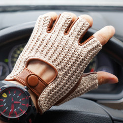 Rouotis Men's and Women's Retro Cycling and Driving Gloves Half-Finger Woven Back Non-Slip Motorcycle Sheepskin Gloves