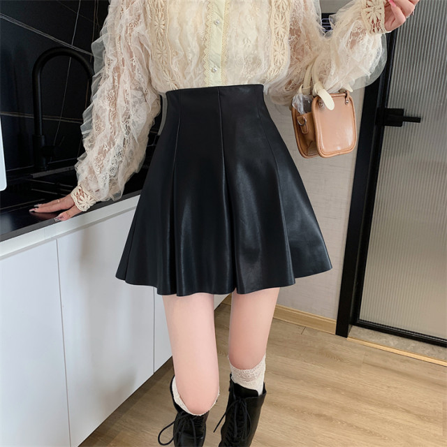 Fat mm high waist pu small leather skirt for women with autumn and winter large size slimming belly puffy skirt umbrella skirt versatile A-line skirt