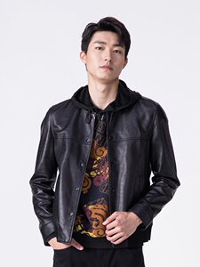 
20QZP0211Y Lijia Men's Autumn and Winter New Genuine Leather Men's Stand Collar Short Embossed Sheepskin Jacket