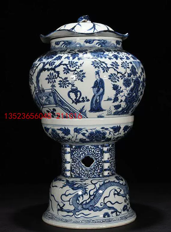 古董古玩古瓷器收藏大明成化年制黄釉青花水浒108将人物盖罐1对