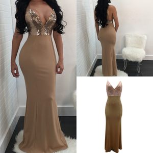 
Champagne apricot sequin stitching low-cut v-neck suspender dress backless dress high-waisted slim long dress sexy European