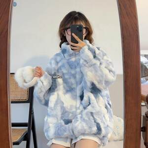 
Winter tie-dye gradient plush coat for women, high-end, same style for men and women, American loose, thickened, loose cotton coat