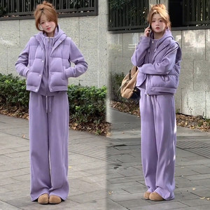 
Fashion Suit Women's 2025 Winter New Style Age-Reducing Down Cotton Vest Sweatshirt Loose Casual Pants Three-piece Set