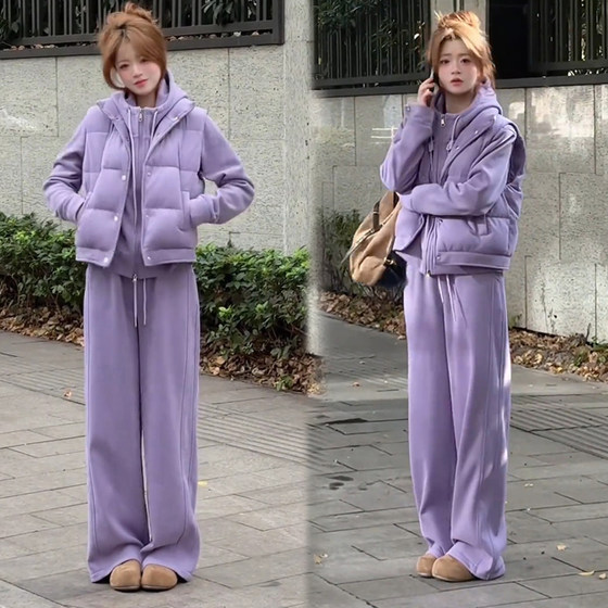 
Fashion Suit Women's 2025 Winter New Style Age-Reducing Down Cotton Vest Sweatshirt Loose Casual Pants Three-piece Set