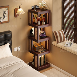 Solid Wood Corner Bookshelf Storage Rack, Floor-Standing, Small Bedside Cabinet for Home Bedroom, Multi-Layer Vintage Storage Cabinet