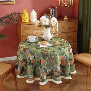 
Retro green flowers dining table fabric pastoral ins oil painting style round rectangular coffee table cotton linen decorative cover cloth