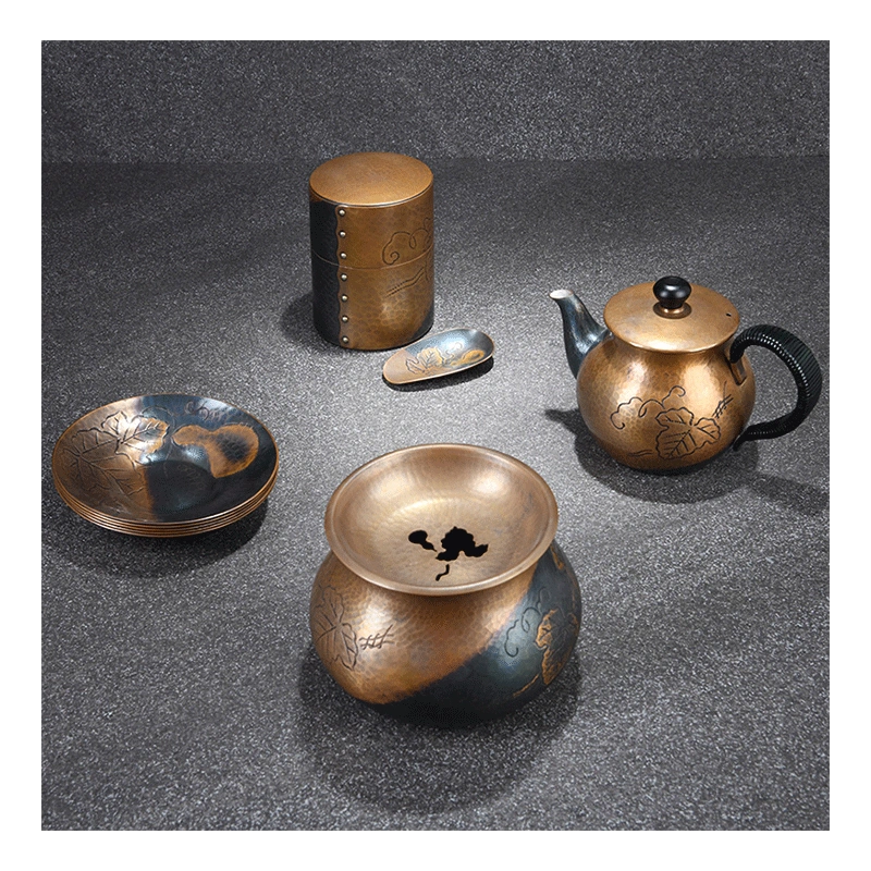 烟波日本玉川堂手工锤起铜器葫芦纯铜茶壶茶叶罐茶具组-Taobao