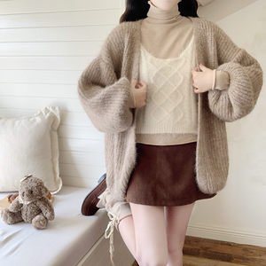 [Dear YN] Lazy style thickened lantern sleeve large sweater jacket loose knitted cardigan for women in autumn and winter