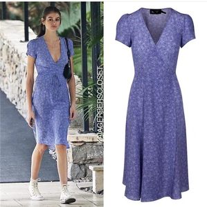 Little fish homemade 22 Summer French niche real silk purple floral high waist V -neck show thin tea break dress
