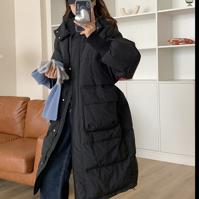 Hooded white duck down over the knee down jacket