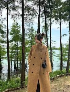 South Korea Dongdaemun 25 Autumn/Winter Double sided Cashmere Coat Medium to Long, Stand up Collar, High end Woolen Double breasted Coat for Women