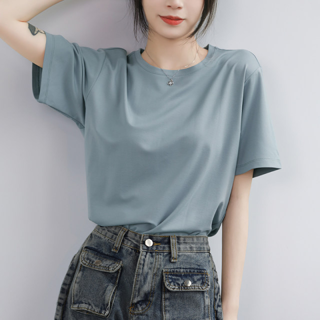 Blue loose Korean style front shoulder round neck pure cotton short-sleeved T-shirt for women in summer 2025 new small half-sleeved top