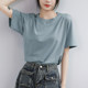 Blue loose Korean style front shoulder round neck pure cotton short-sleeved T-shirt for women in summer 2025 new small half-sleeved top
