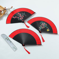 Red Chinese-Style Folding Fan for Women, Traditional Style, Suitable for Cheongsam, Runway Shows, Dance, Easy to Open and Close, with Plum Blossom Design