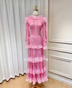 
Highly customized, elegant polka-dot mesh ruffles with hollow lace puff sleeves to wrap around the hips and wide hem long skirt